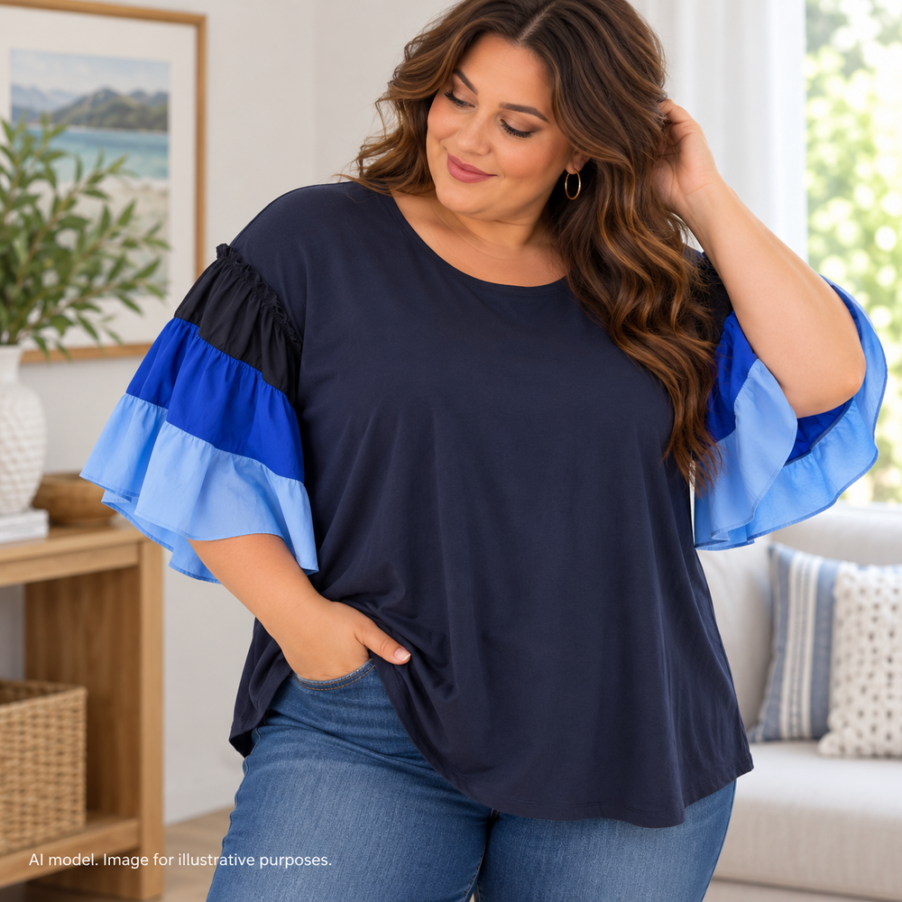 Chicos Shirt 4 Women XXL Blue Ombre Tiered Flare Elbow Sleeve Soft Knit Top TAGS